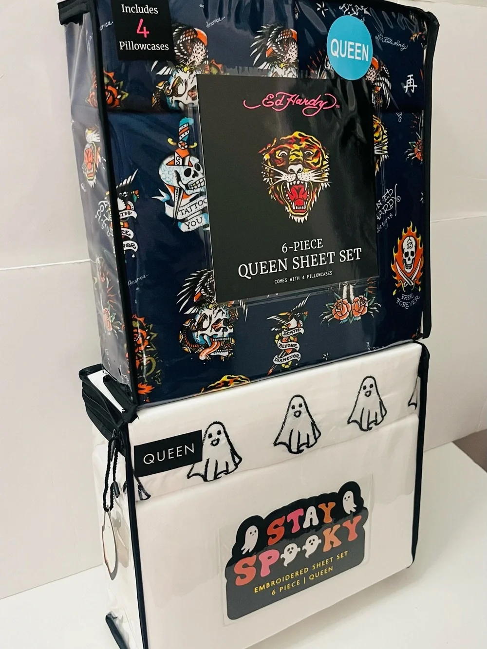 Ed Hardy & Stay Spooky Lot of 2 Queen Sheet Sets Halloween Ghost Eagle Geisha